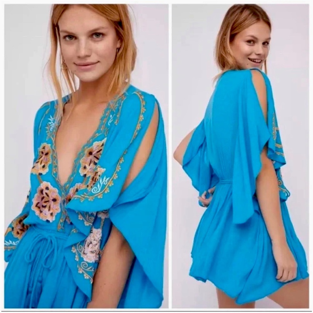 NWT Free People Cora Embroidered Mini Dress in Turquoise Size Large - Picture 14 of 16